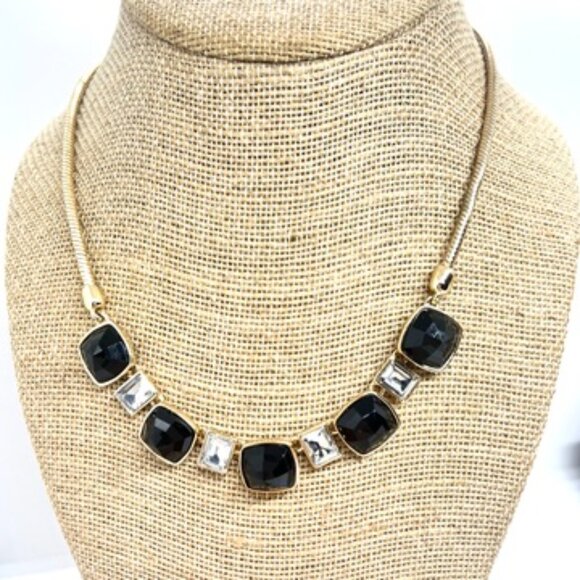 ANNE KLEIN GOLD TONE BLACK CRYSTAL NECKLACE STATEMENT CUSHION CUT RHINESTONE - Picture 5 of 16